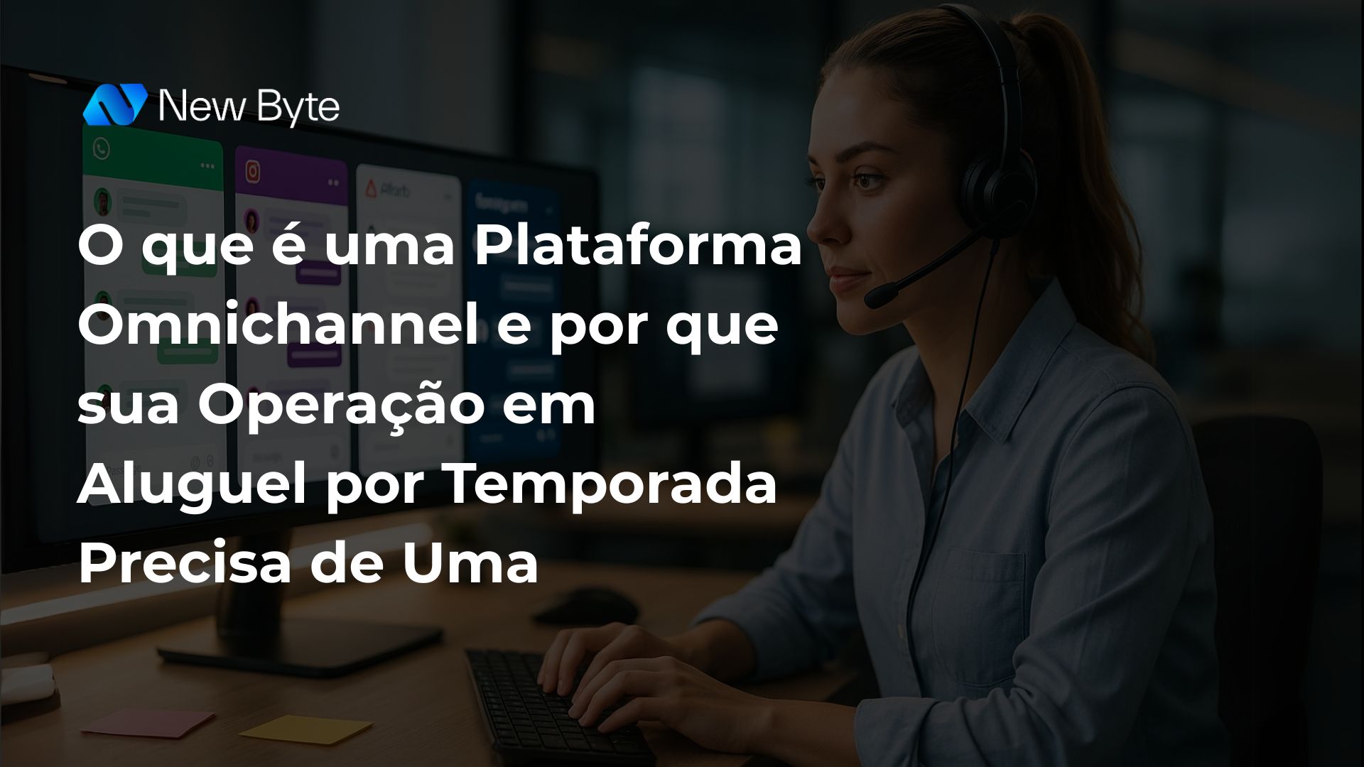 Interface de uma plataforma omnichannel exibindo em uma única tela conversas vindas de WhatsApp, Instagram, Airbnb e Booking, com atendente interagindo em tempo real.